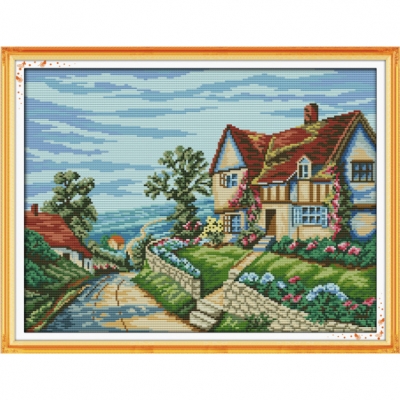 14CT 십자수 프린트 패키지-Beautiful village(5D)-F359^