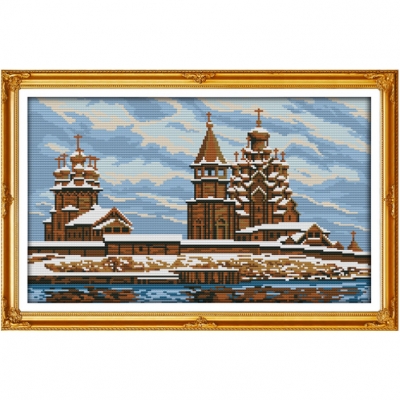 14CT 십자수 프린트 패키지-Snow-covered landscape-4(3D)-F345^